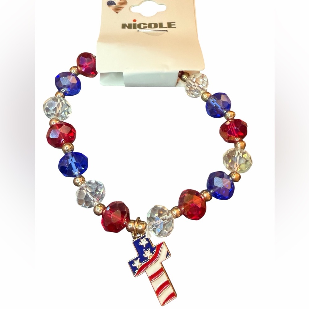Patriotic Cross Stretchy Beaded Bracelet - Red White Blue Gold NWT